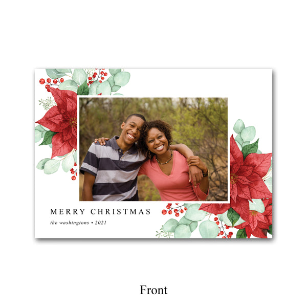 Watercolor Poinsettia Christmas Photo Holiday Card with Envelope