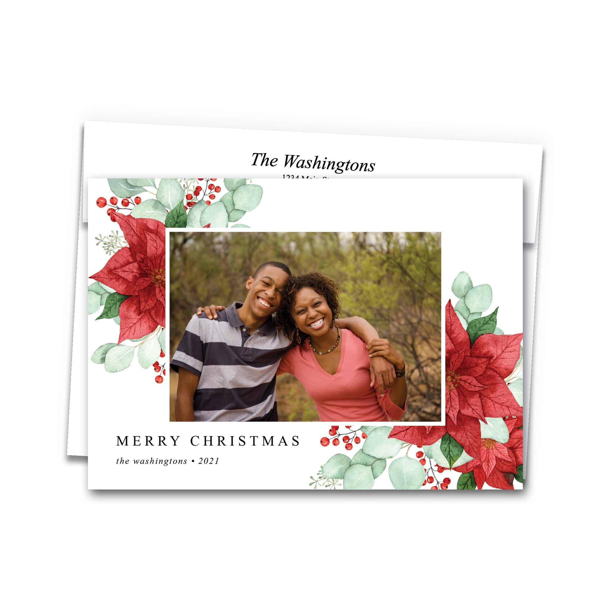 Watercolor Poinsettia Christmas Photo Holiday Card with Envelope